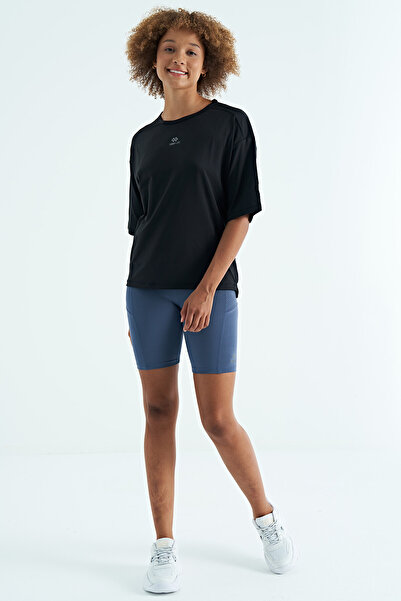 TOMMY LIFE Black O-Neck Print Detailed Oversize Short Sleeve Women's T-Shirt - 97263