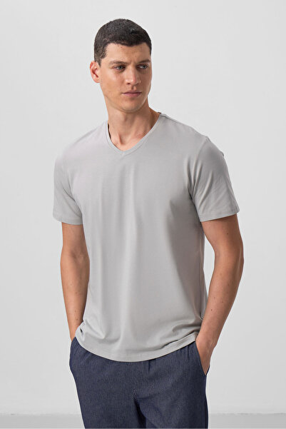 TOMMY LIFE Ανδρικό T-Shirt με λαιμόκοψη σε πέτρα - Κοντό μανίκι, Standard Fit - 87912