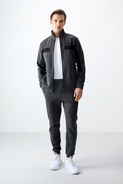 AIR JONES Anthracite Melange Surface Textured Standard Fit Embroidered Men's Tracksuit Set - 85248