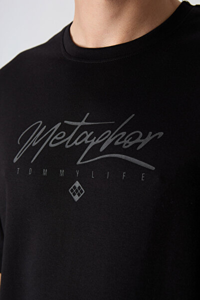 TOMMY LIFE Μαύρο βαμβακερό ανδρικό μπλουζάκι με χοντρή μαλακή υφή Oversize Fit Printed - 88320