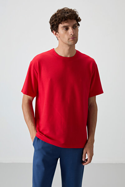 AIR JONES Red Waffle Interlock Surface Textured Oversize Fit Basic Men's T-Shirt - 88379