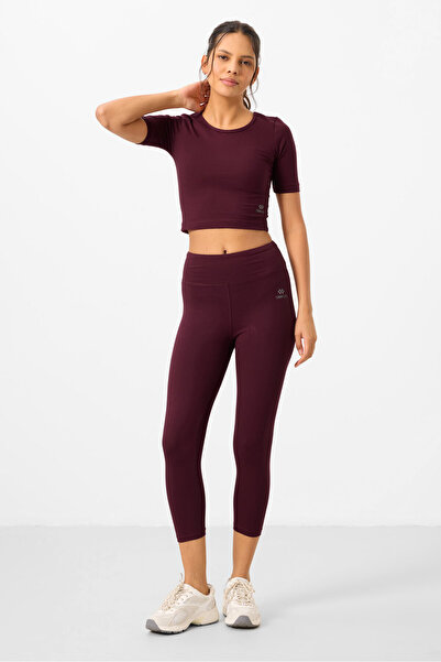 TOMMY LIFE Bordo Yüksek Bel Kapri-Crop T-Shirt Slim Fit Kadın Tayt Takım - 95285