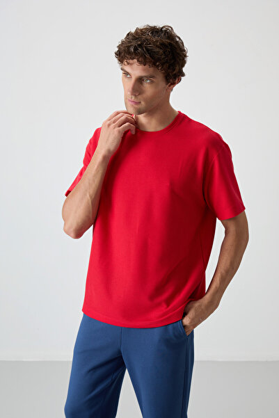 AIR JONES Red Waffle Interlock Surface Textured Oversize Fit Basic Men's T-Shirt - 88379