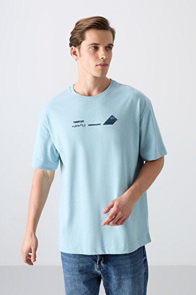 TOMMY LIFE Light Blue Cotton Thick Soft Textured Oversize Fit Printed Men's T...