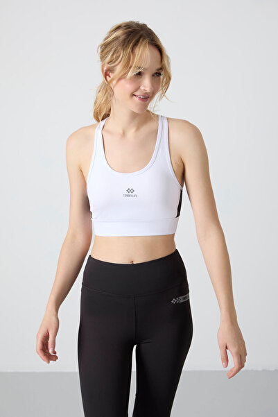 TOMMY LIFE White Cross Back Detailed Slim Fit Women's Sports Bustier with U-Neck Pads - 97121