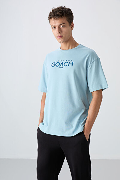 TOMMY LIFE Light Blue Cotton Thick Soft Textured Oversize Fit Printed Men's T...