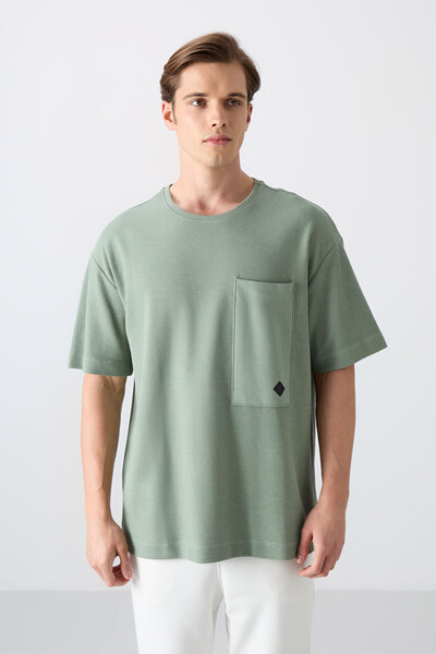 TOMMY LIFE Light Green Cotton Thick Surface Textured Oversize Fit Basic Men's T-Shirt - 88341