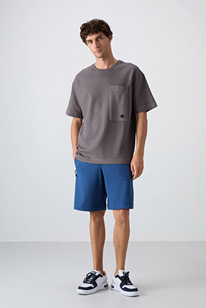 TOMMY LIFE Dark Gray Cotton Thick Surface Textured Oversize Fit Basic Men's T-Shirt - 88341