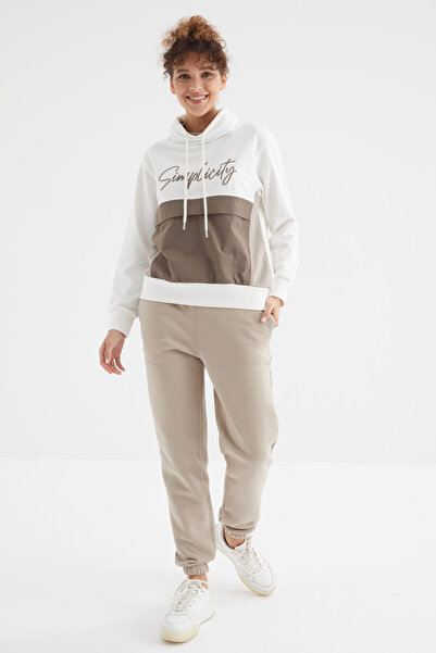 TOMMY LIFE بيج غامق خصر عالي مريح شكل أساسي بدلة رياضية نسائية سفلية - 94624