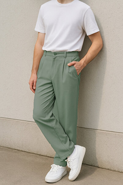 CEDY DENIM High Quality Men's High Waist Pleated Baggy Chino Pants C358-Green