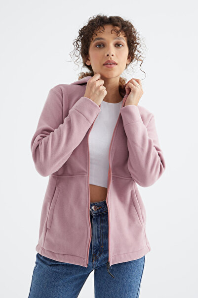 TOMMY LIFE Dusty Rose kapucnis cipzáras kényelmes formájú női polár pulóver - 97233