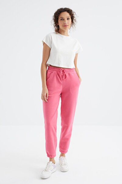 TOMMY LIFE High Waist Candy Pink Jogger Fleece Women's Sweatpants - Lace-up Basic Model - 94622