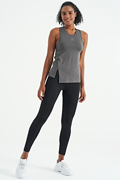TOMMY LIFE Dark Gray O-Neck Slit Women's Sports Undershirt - Zero Sleeve, Standard Fit - 97256
