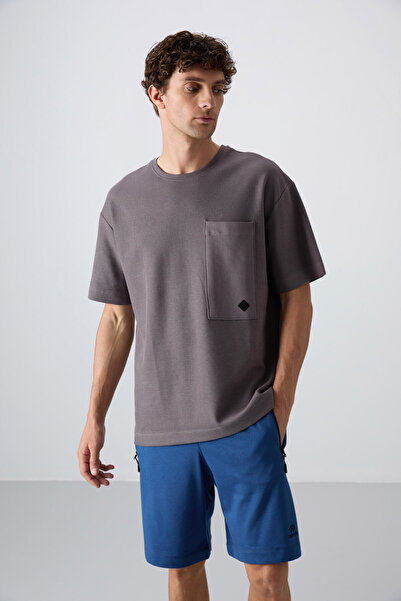 TOMMY LIFE Dark Gray Cotton Thick Surface Textured Oversize Fit Basic Men's T-Shirt - 88341
