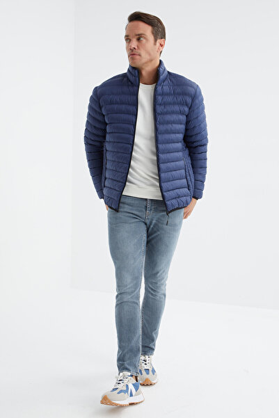 TOMMY LIFE Ανδρικό πουπουλένιο παλτό τύπου Navy Blue Standard με φερμουάρ, ανθεκτικό στο κρύο - 88166