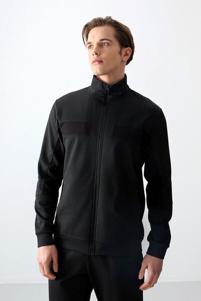 AIR JONES Black Surface Textured Standard Fit Embroidered Men's Tracksuit Set - 85248