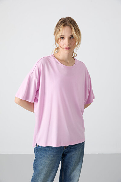 TOMMY LIFE Pembe Penye Modal Yumuşak Tuşeli Oversize Fit Basic Kadın T-Shirt-...