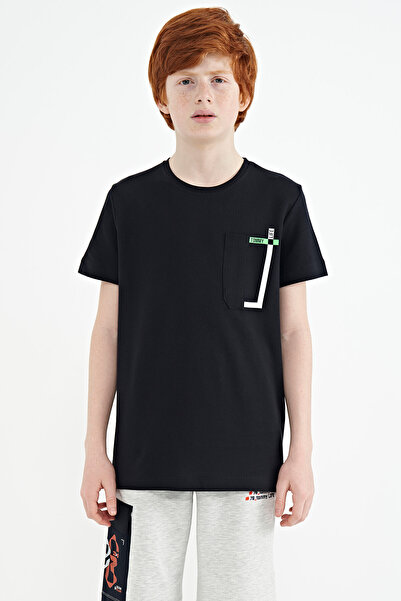 TOMMY LIFE Μπλουζάκι για αγόρι με λεπτομέρεια με λαιμόκοψη μπλε Navy - 11120