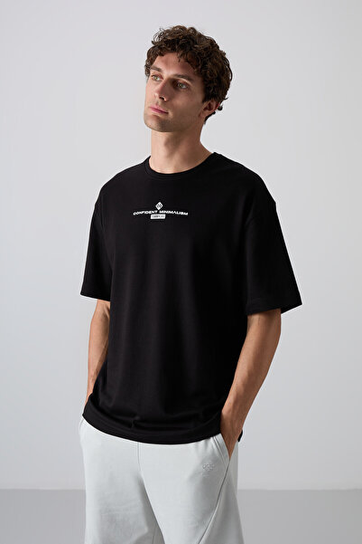 TOMMY LIFE Μαύρο - Λευκό Βαμβακερό Ανδρικό Μπλουζάκι με Χοντρή Μαλακή Υφή Oversize Fit Printed - 88321