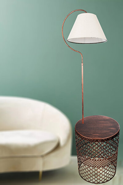 VENON Sehpalı Lambader Elips Siyah Bakır Patine ⭐️Krem Kumaş Şapka ⭐️Salon Metal Gövde Köşe Lambası