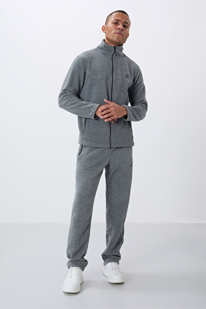 TOMMY LIFE Ανδρικό σετ αθλητικής φόρμας Fleece - Γκρι Melange, Stand Γιακά, Τσέπη με φερμουάρ, Standard Fit - 85193
