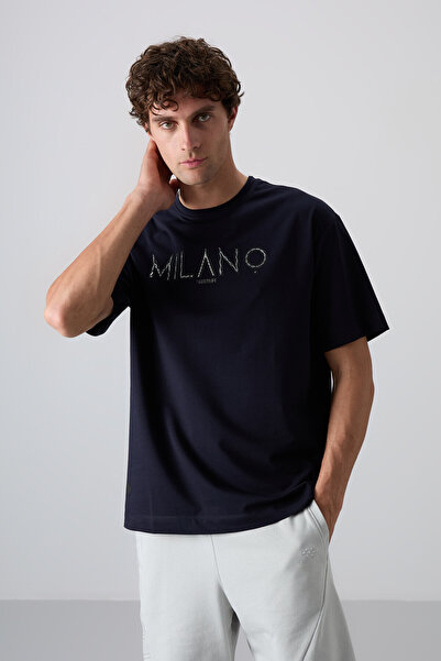 TOMMY LIFE Navy Blue Cotton Thick Soft Textured Oversize Fit Printed Men's T-...