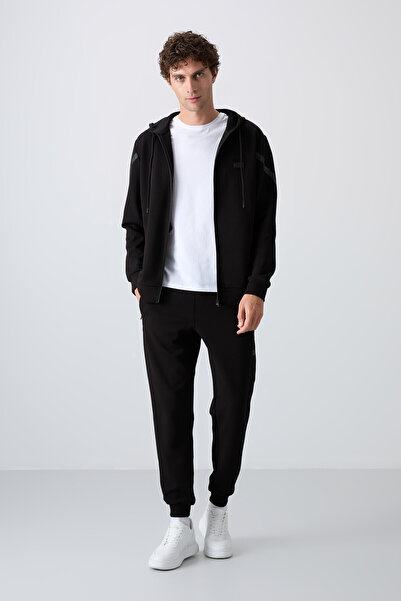 TOMMY LIFE Μαύρο βαμβακερό σετ ανδρικής φόρμας φόρμας με στάμπα, με απαλή υφή, σετ ανδρικής φόρμας - 85236