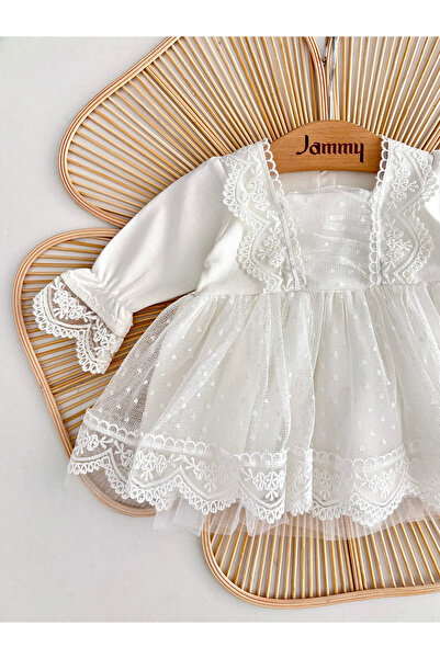 Jammybaby Carmen Elbise %100 Pamuk Penye Tül Dantelli Yenidoğan Kız Bebek Mevlüt ve Özel Gün Bandanalı Takım