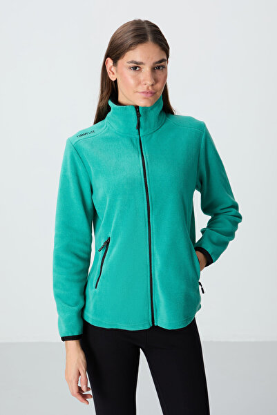 TOMMY LIFE Sea Green High Collar Zippered Comfortable Form Women's Fleece Sweatshirt - 97173
