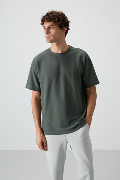 AIR JONES Khaki Waffle Interlock Surface Textured Oversize Fit Basic Men's T-Shirt - 88379