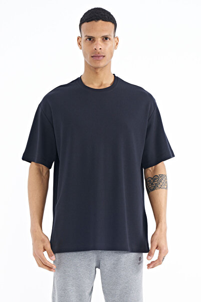 TOMMY LIFE Lacivert Kol Arma Detaylı Basic Oversize Erkek T-Shirt - 88193