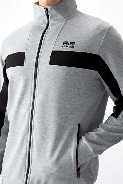 AIR JONES Gray Melange Surface Textured Standard Fit Embroidered Men's Tracksuit Set - 85248