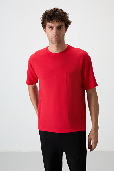AIR JONES Red Waffle Interlock Surface Textured Oversize Fit Basic Men's T-Shirt - 88380