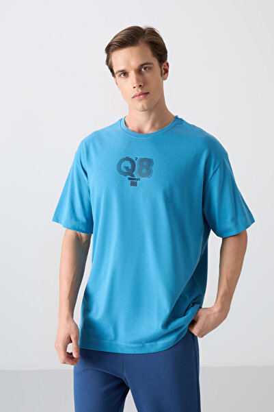 TOMMY LIFE Petrol Blue Cotton Thick Soft Textured Oversize Fit Printed Men's ...