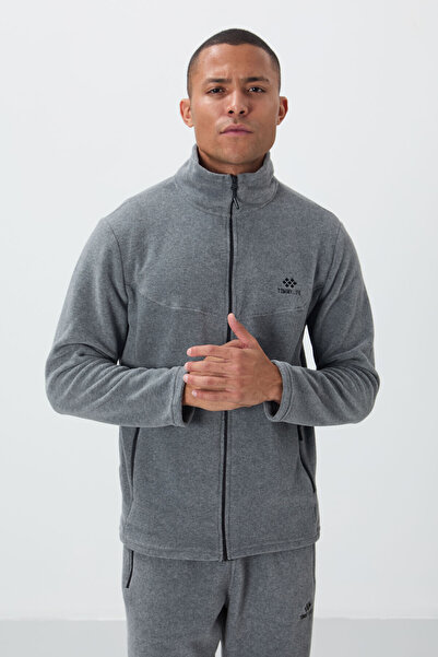 TOMMY LIFE Ανδρικό σετ αθλητικής φόρμας Fleece - Γκρι Melange, Stand Γιακά, Τσέπη με φερμουάρ, Standard Fit - 85193