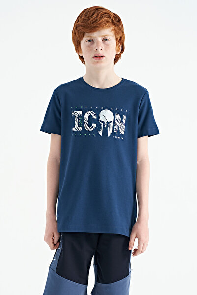 TOMMY LIFE İndigo Ön Yazı Nakışlı O Yaka Standart Kalıp Erkek Çocuk T-Shirt -...