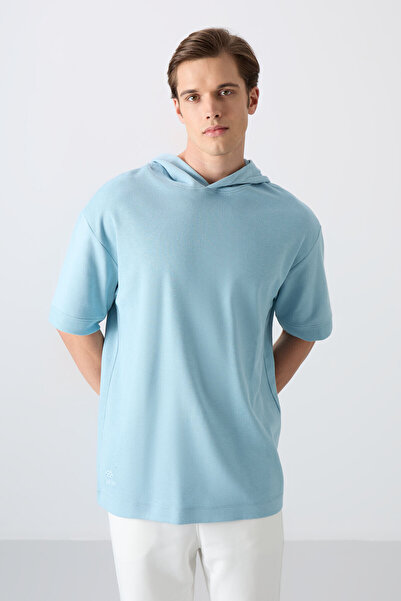 TOMMY LIFE Light Blue Cotton Thick Surface Textured Oversize Fit Basic Men's ...