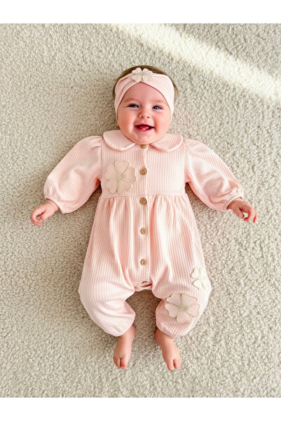 Jammybaby Daisell Embroidered K Ribbed Knit 100% Cotton Jumpsuit and Bandana Set