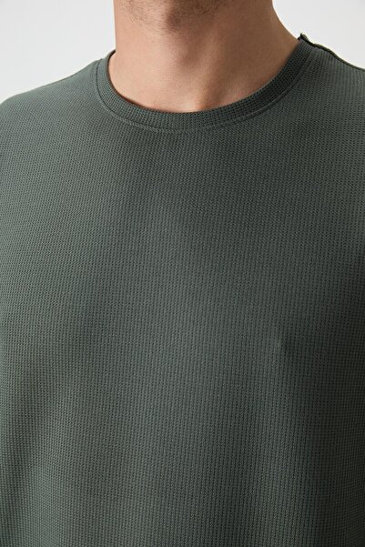 AIR JONES Khaki Waffle Interlock Surface Textured Oversize Fit Basic Men's T-Shirt - 88379