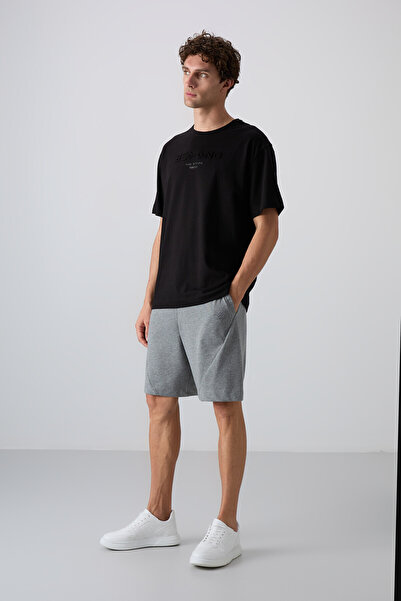 TOMMY LIFE Μαύρο βαμβακερό ανδρικό μπλουζάκι με χοντρή μαλακή υφή Oversize Fit Printed - 88328