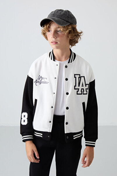 TOMMY LIFE Ecru Cotton Thick Fleece Lined Soft Textured Standard Fit Embroidered Boys' College Jacket - 11258