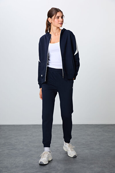 TOMMY LIFE Indigo Compact Cotton Thick Smooth Textured Hooded Oversize Fit Women's Tracksuit Set - 95343