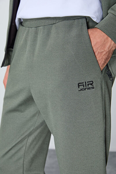 AIR JONES Khaki Embroidered Men's Tracksuit Set - Textured Surface, Standard Fit - 85248