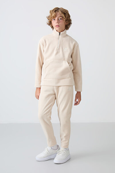 TOMMY LIFE Fiú gyapjú tréningruha szett - bézs, hímzett, vastag, puha textúra - 11218