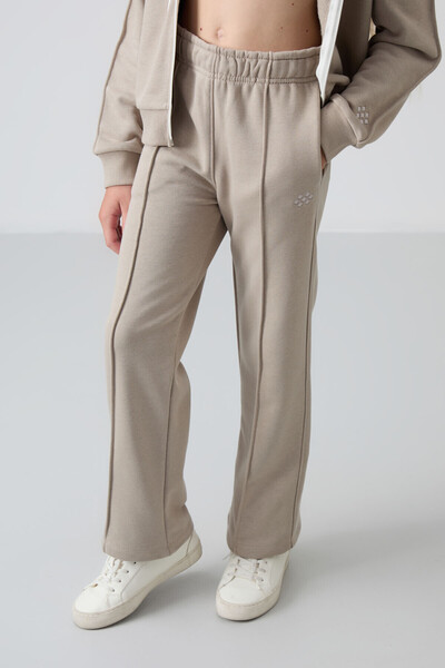 TOMMY LIFE Lányok hímzett tréningruha szett - sötét bézs, pamut, szőrös belső, puha textúra - 75161