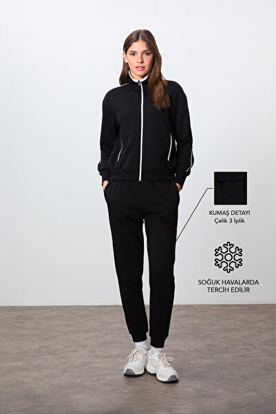 TOMMY LIFE Siyah Kompakt Pamuklu Kalın Pürüzsüz Dokulu Dik Yaka Oversize Fit ...