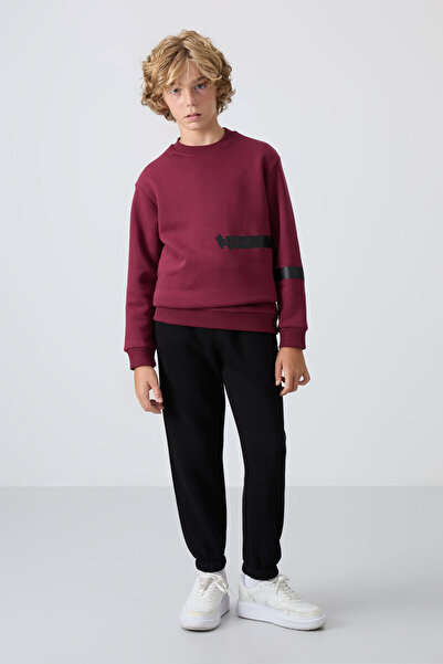 TOMMY LIFE Fekete pamut vastag belső szőrös, puha textúrájú, szabványos szabású, nyomott fiú melegítőnadrág alsó - 11225