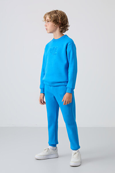 TOMMY LIFE Saks Pamuklu Kalın İçi Tüylü Yumuşak Dokulu Standart Fit Baskılı Erkek Çocuk Eşofman Takım - 11253