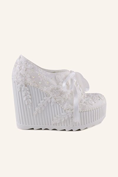 MARCATELLI Bej Saten 12 Cm Dolgu Topuk Spor Gelin Ayakkabısı