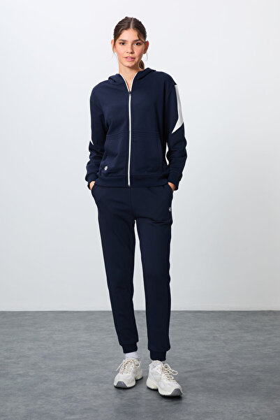 TOMMY LIFE Indigo Compact Cotton Thick Smooth Textured Hooded Oversize Fit Women's Tracksuit Set - 95343
